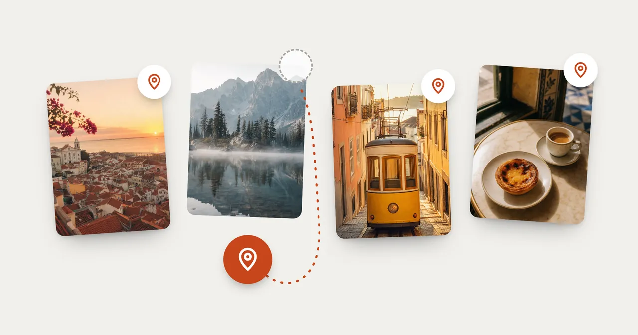 Illustration: four photo cards with map pins. One card has no pin yet, and a pin is on its way to it.