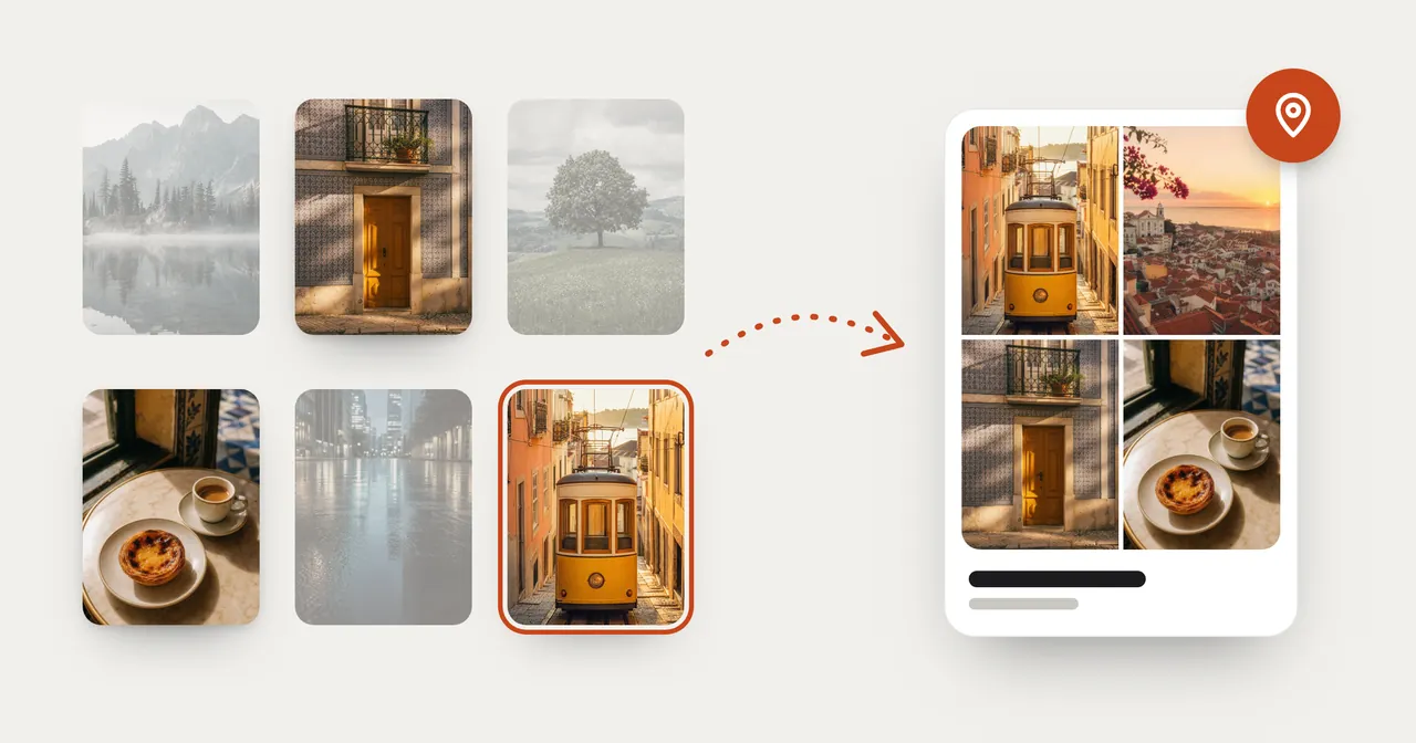 Illustration: six photos, three of them picked out, and an arrow to one album with a map pin.