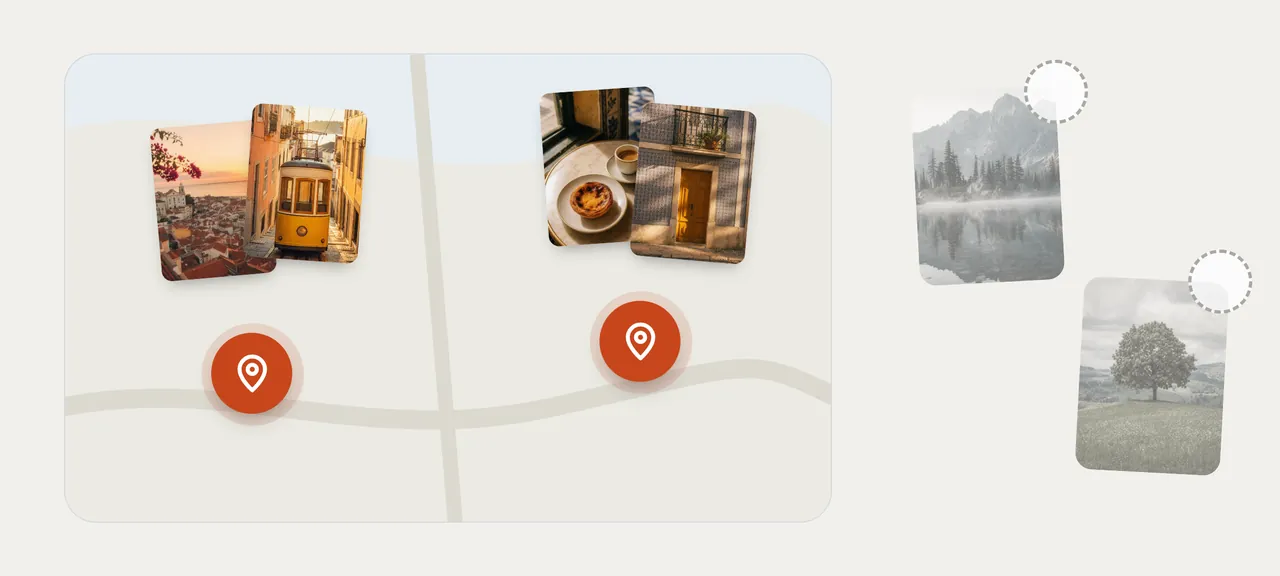Illustration: photos with a location appear on the map. Photos without one don't.