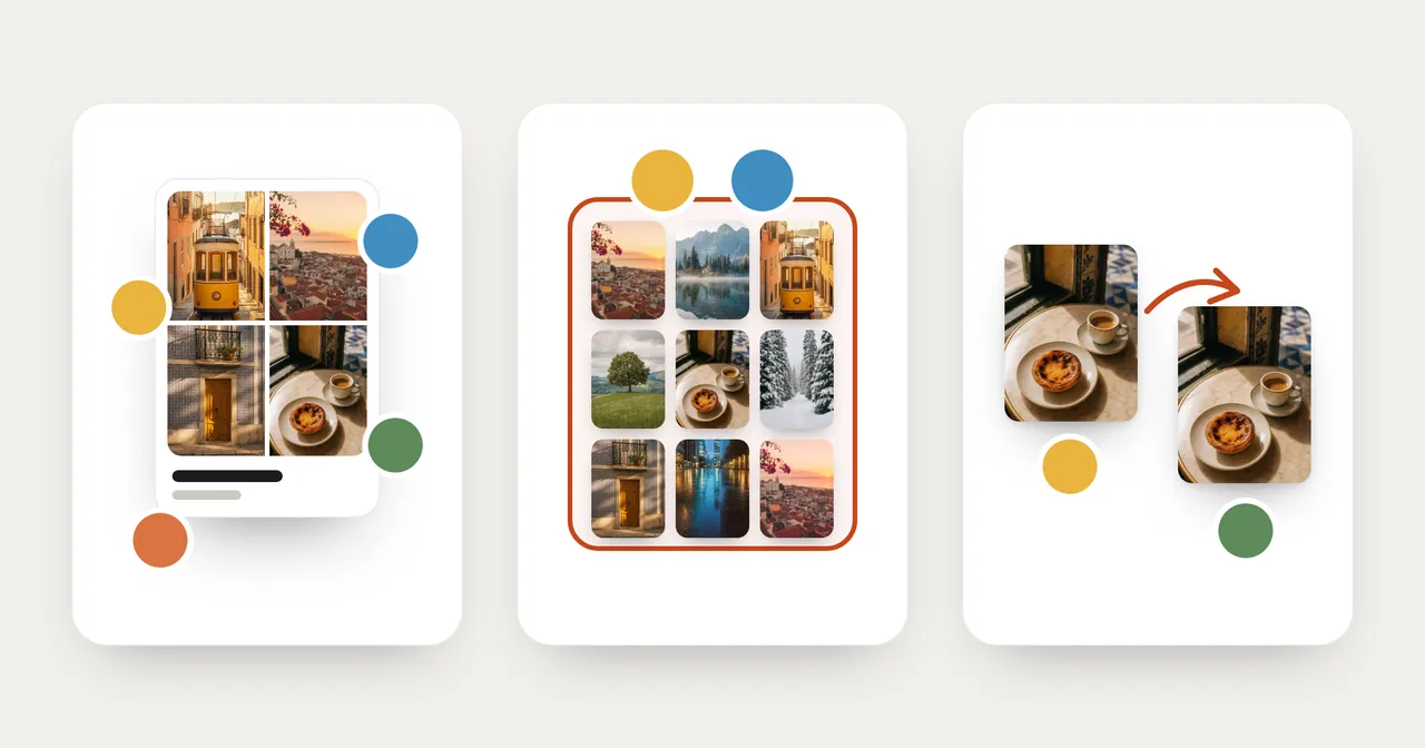 Illustration: three panels. An album with people around it, a shared frame holding a grid of photos, and one photo being copied to another person.