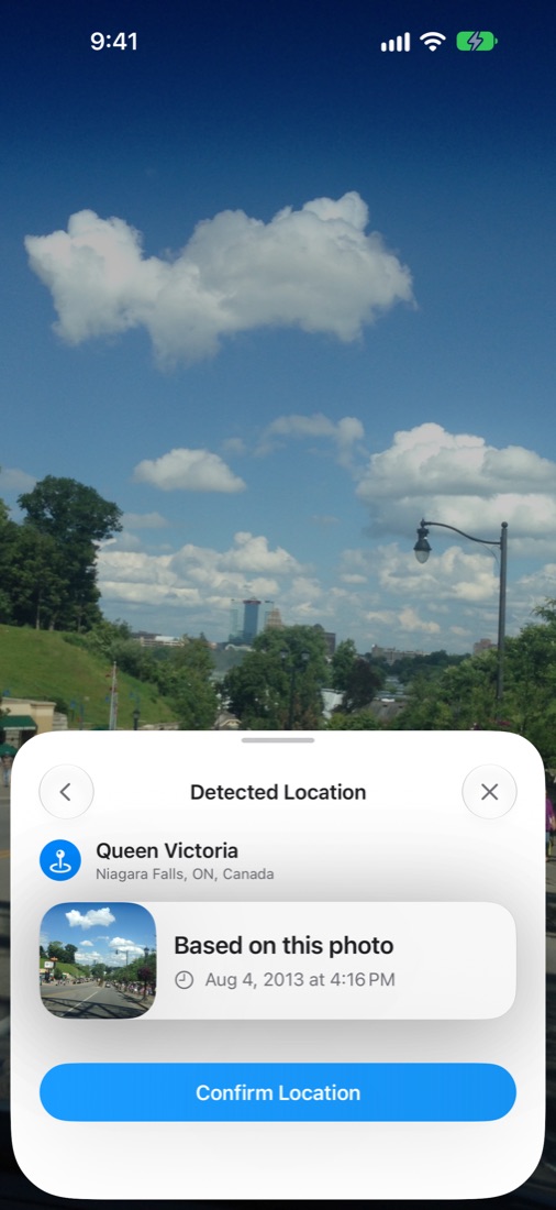 Detected Location sheet showing Queen Victoria, based on the chosen photo
