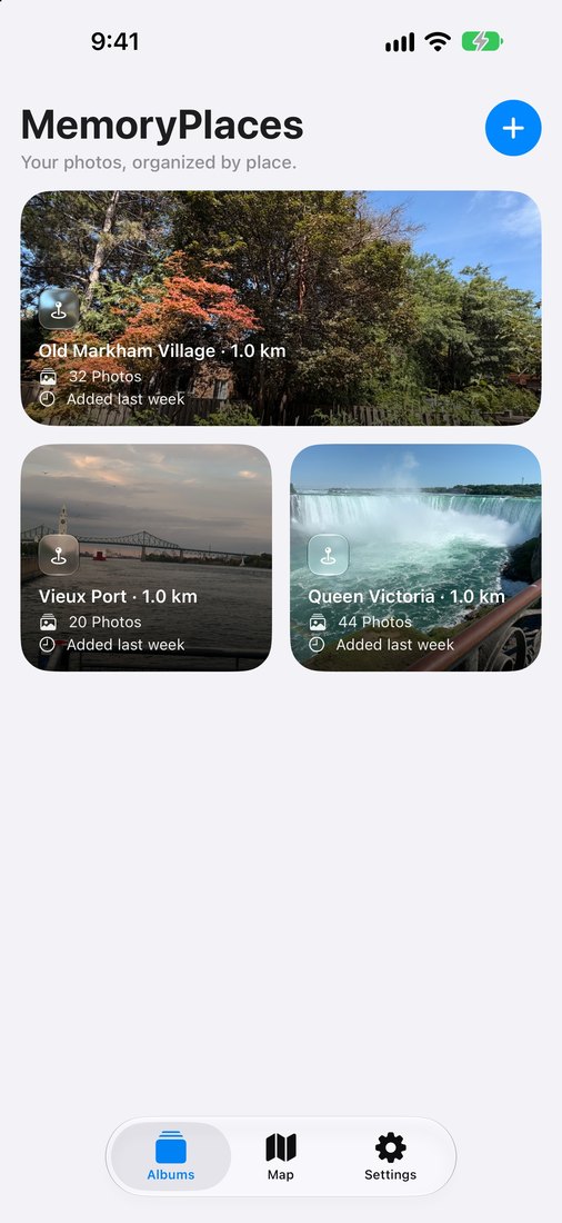 MemoryPlaces home screen with three place albums: Old Markham Village, Vieux Port and Queen Victoria
